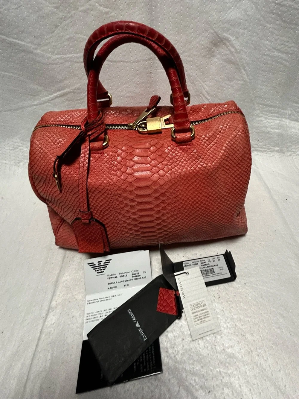 Emporio Armani Red salmon Faux Python  leather with Gold Hardware bag